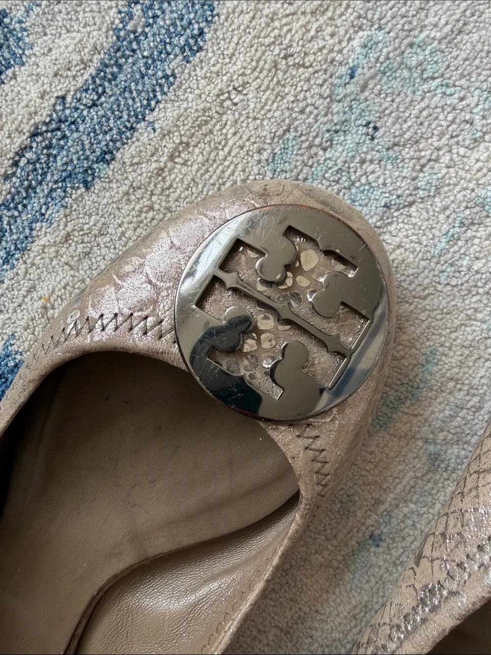 Tory Burch Metallic Taupe Logo Ballet Flats